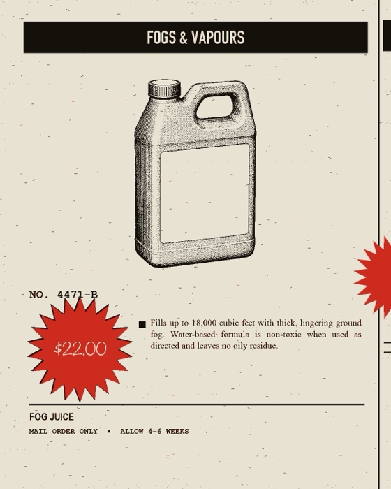 Catalog engraving of a jug of fog juice