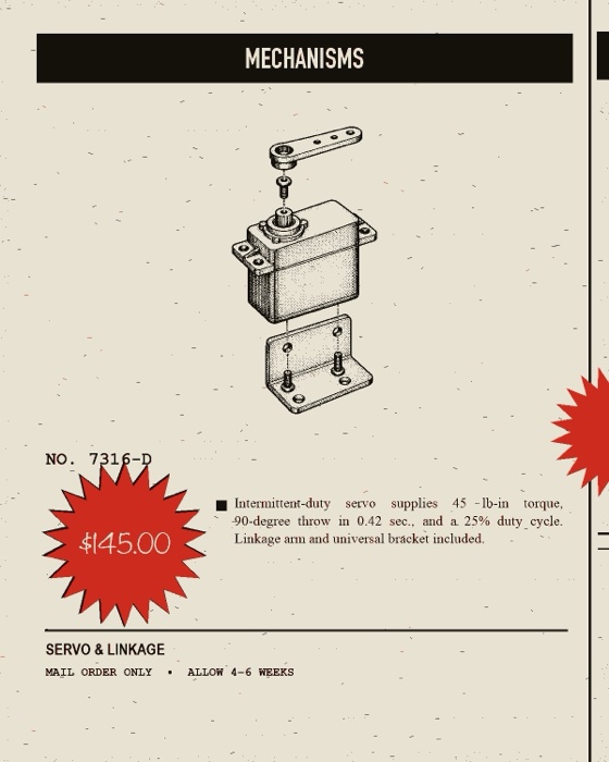 Catalog engraving of a servo and linkage, exploded view