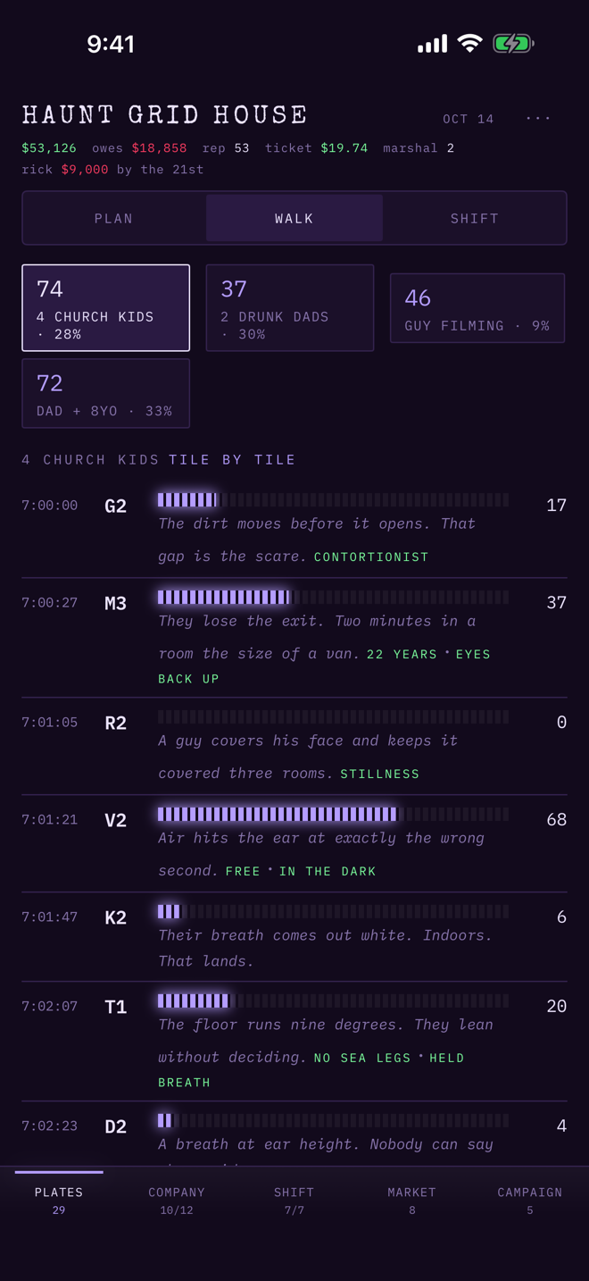 The tape: the walk tile by tile, with the rules named on each